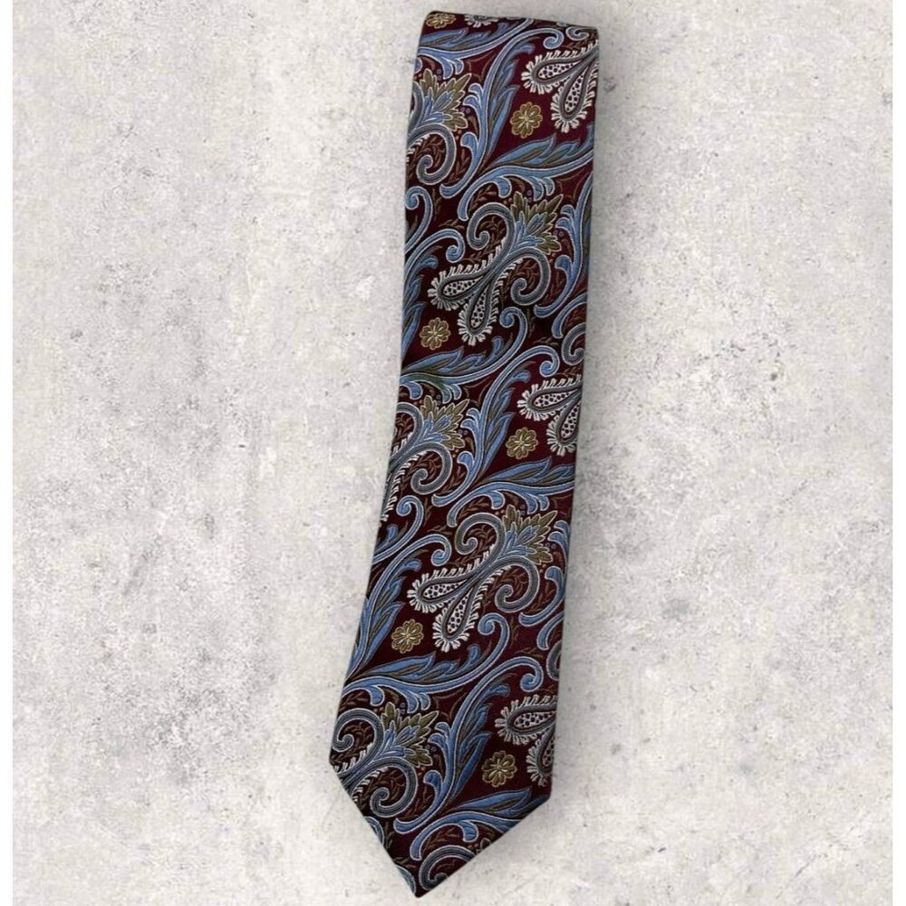 JOS. A. BANK Silk Tie XL Burgundy Blue Paisley W:3" EUC